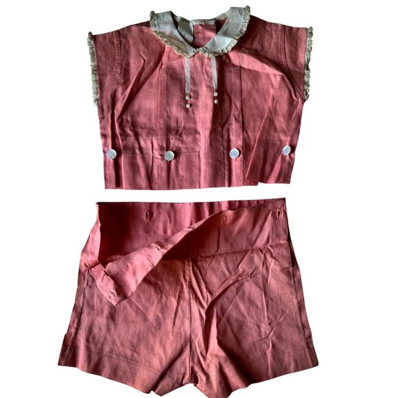 Vintage 1940s Childs Peach Pink Romper Shorts Lace Trim & Buttons 2 Piece - Picture 10 of 15